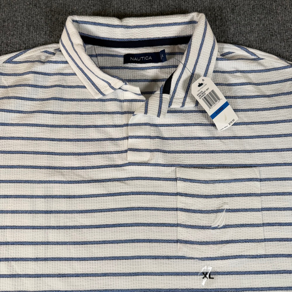 Nautica Mens Striped Seersucker Polo Shirt White Blue KR5606 XL NWT #3756
